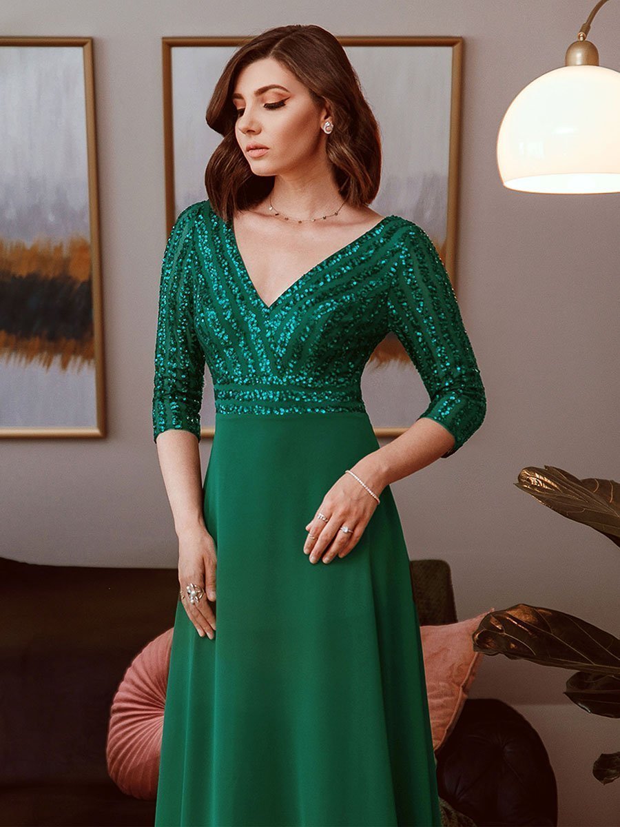 Color=Dark Green | Sexy V Neck A-Line Sequin Evening Dress-Dark Green 2