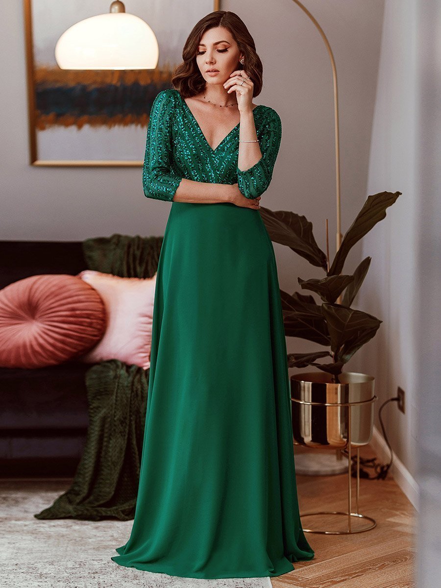 Color=Dark Green | Sexy V Neck A-Line Sequin Evening Dress-Dark Green 3