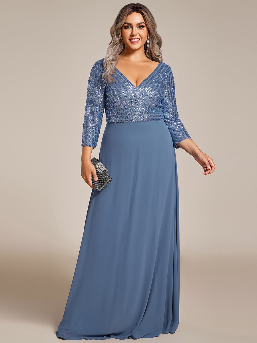 Color=Dusty Navy | Plus Size Sexy V Neck A-Line Sequin Evening Dress Ep00751-Dusty Navy 5
