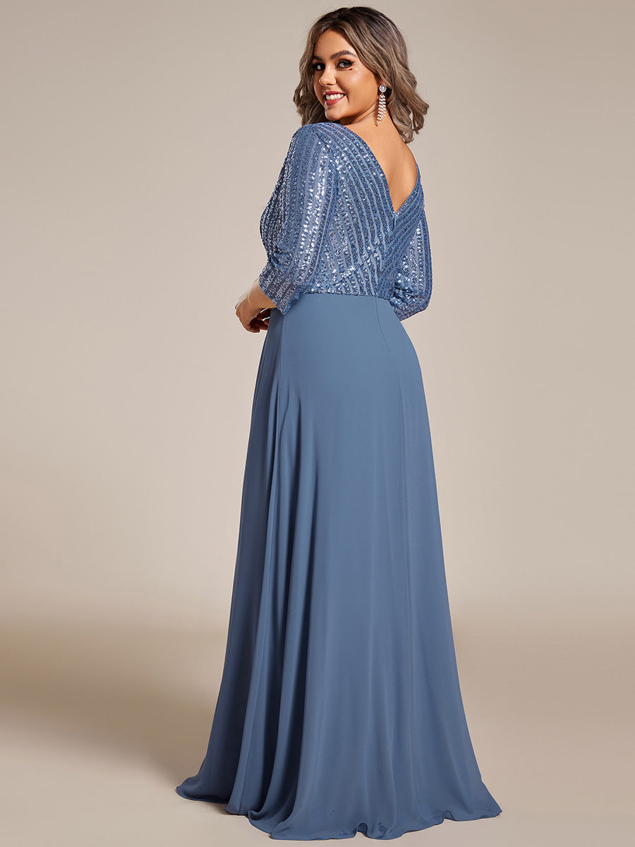 Color=Dusty Blue | Plus Size Sexy V Neck A-Line Sequin Evening Dress Ep00751-Dusty Blue 4