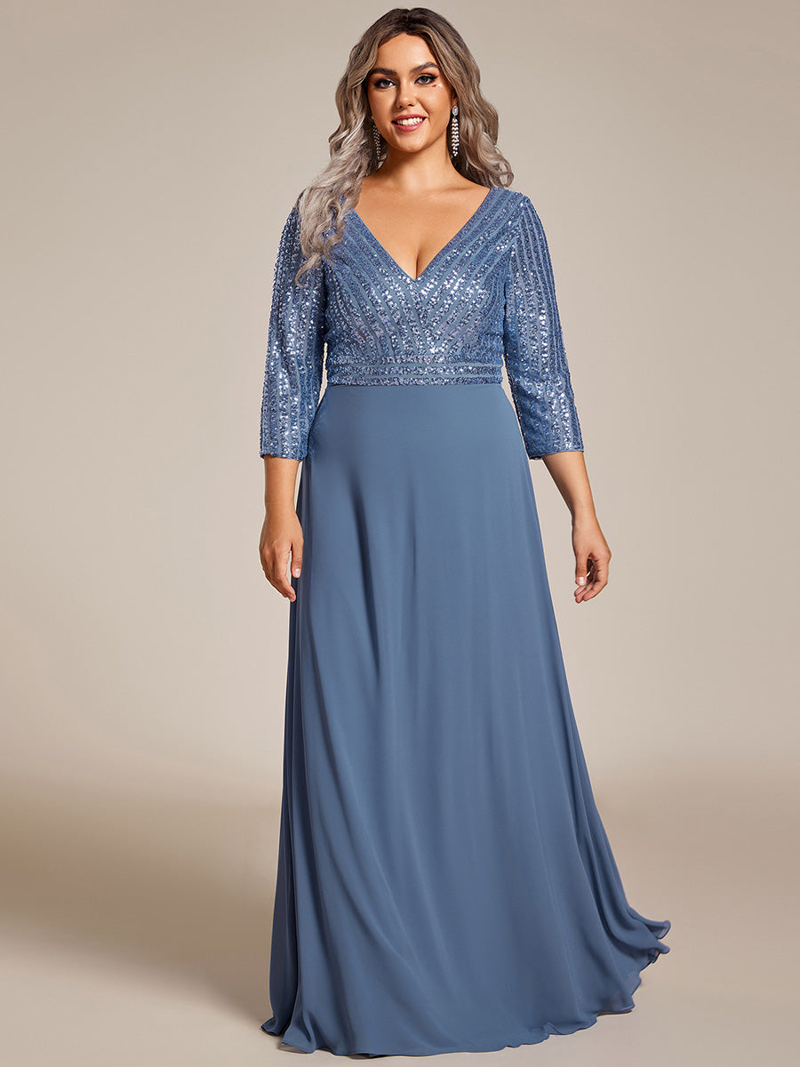 Color=Dusty Navy | Plus Size Sexy V Neck A-Line Sequin Evening Dress Ep00751-Dusty Navy 3