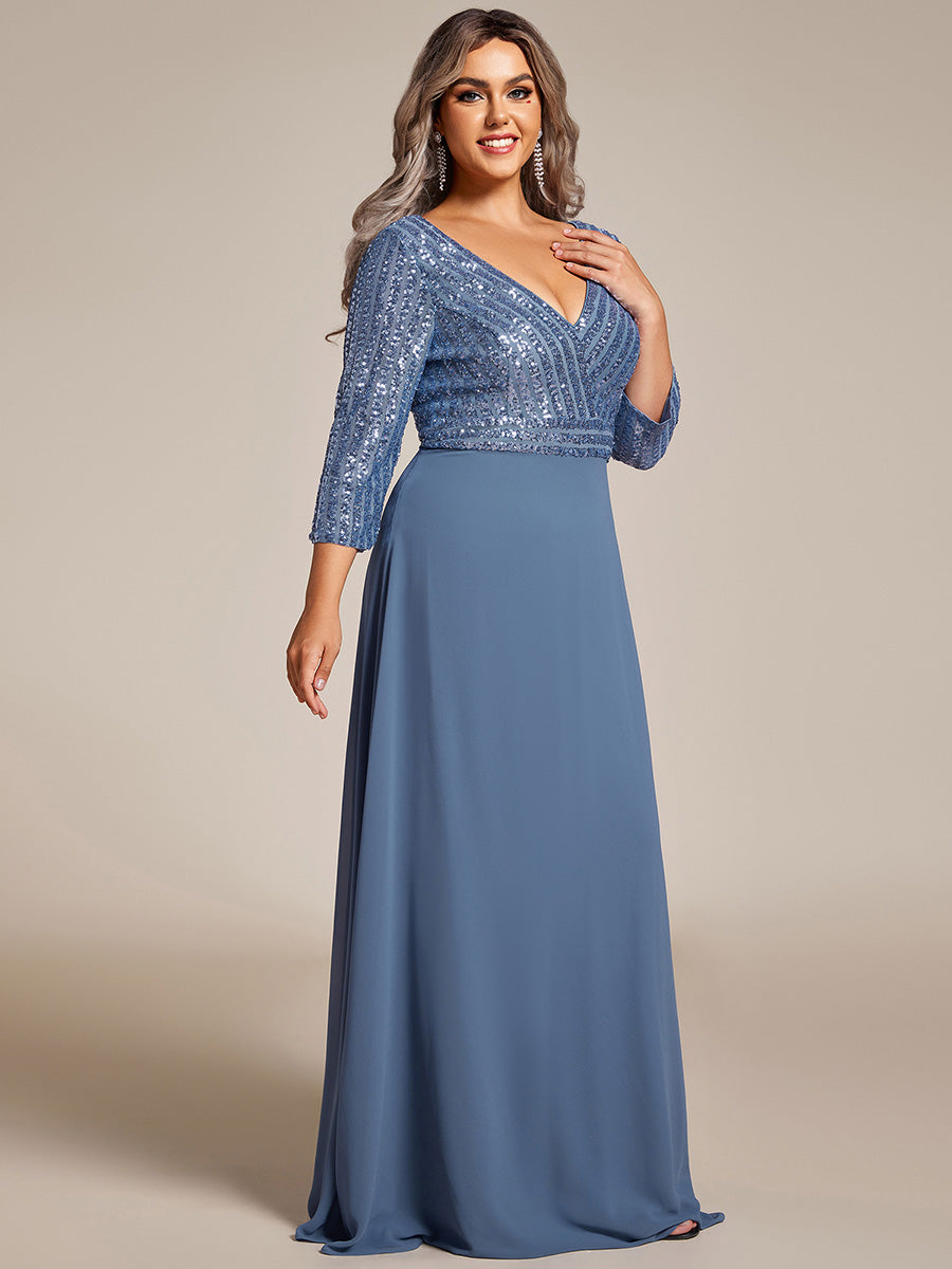 Color=Dusty Navy | Plus Size Sexy V Neck A-Line Sequin Evening Dress Ep00751-Dusty Navy 1