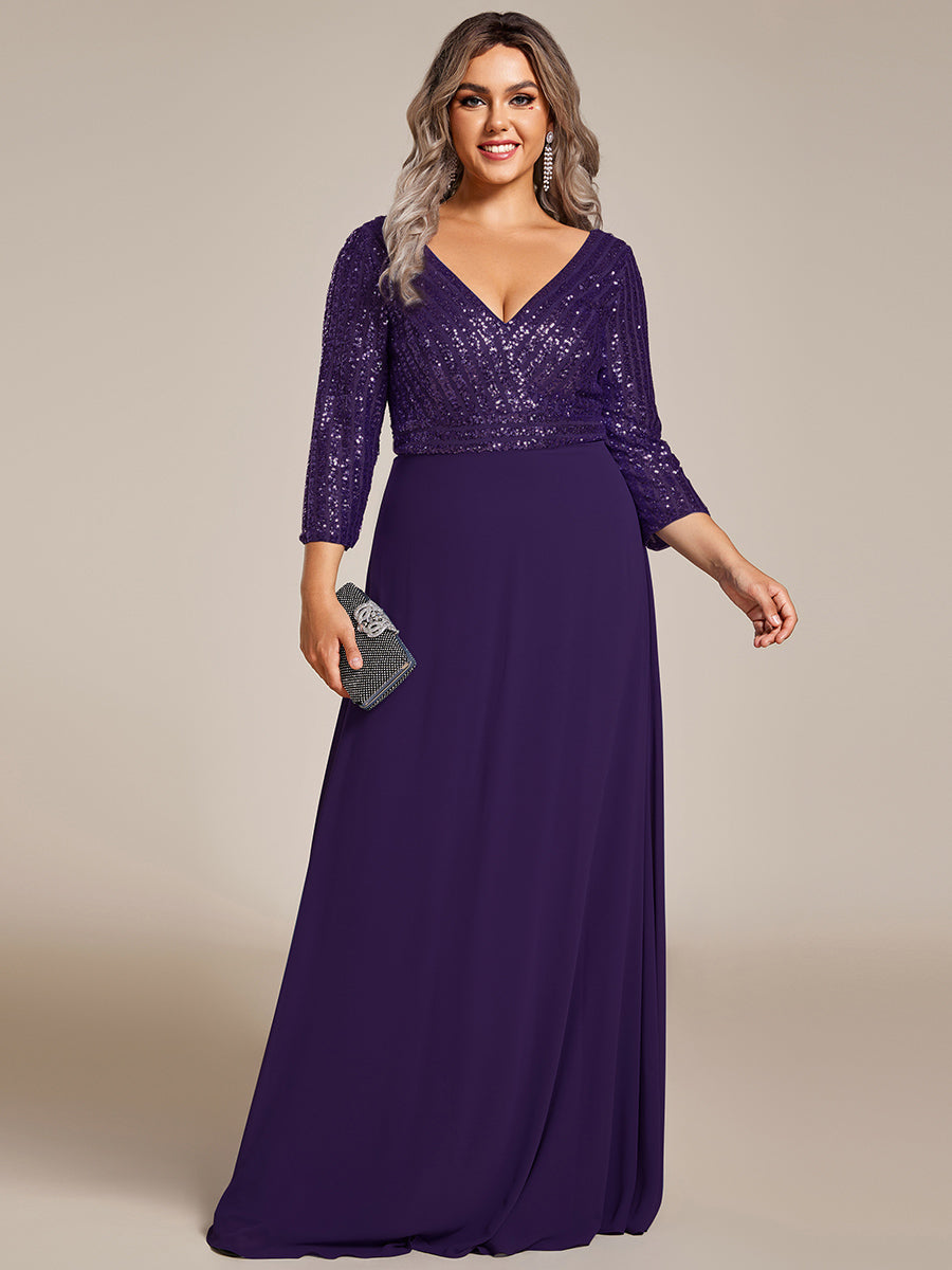 Color=Dark Purple | Plus Size Sexy V Neck A-Line Sequin Evening Dress Ep00751-Dark Purple 5