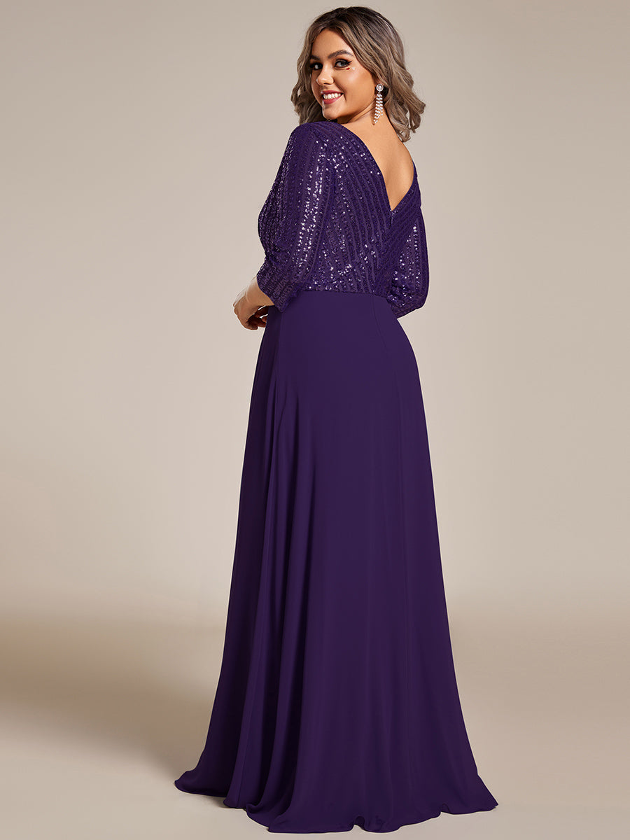 Color=Dark Purple | Plus Size Sexy V Neck A-Line Sequin Evening Dress Ep00751-Dark Purple 4