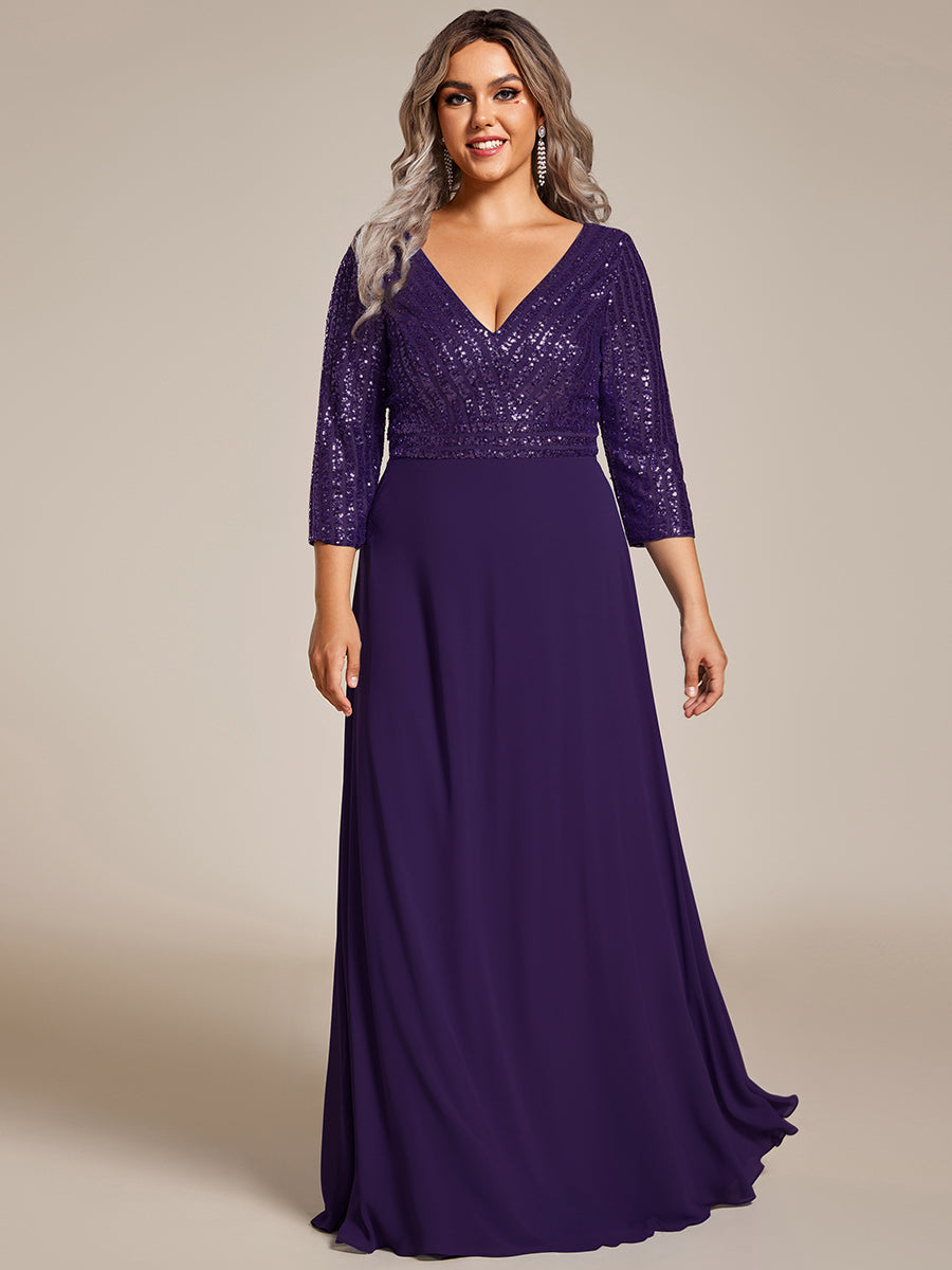 Color=Dark Purple | Plus Size Sexy V Neck A-Line Sequin Evening Dress Ep00751-Dark Purple 3