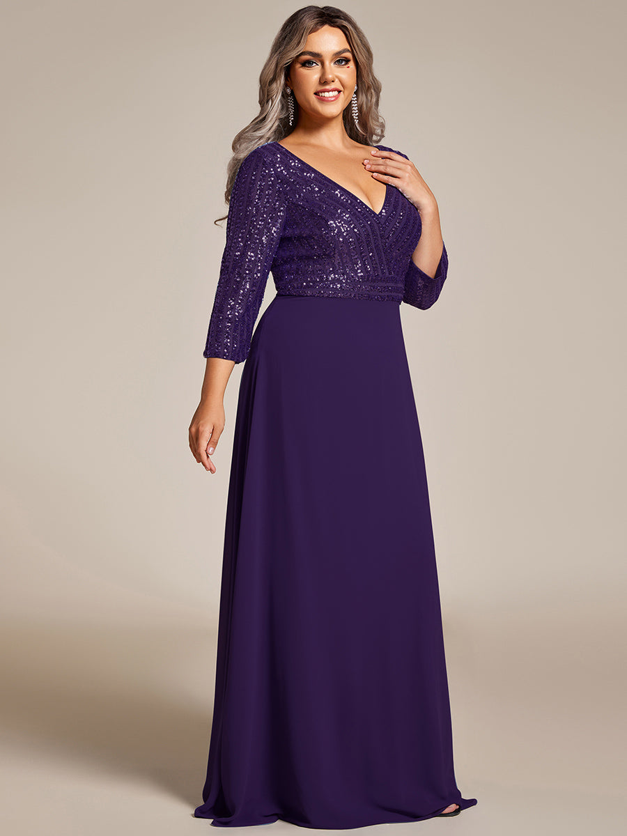 Color=Dark Purple | Plus Size Sexy V Neck A-Line Sequin Evening Dress Ep00751-Dark Purple 1