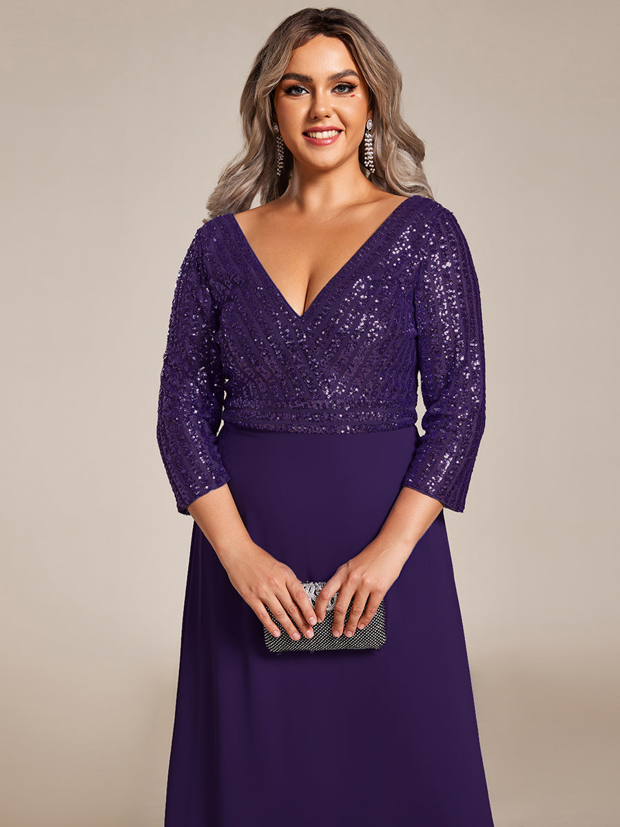 Color=Dark Purple | Plus Size Sexy V Neck A-Line Sequin Evening Dress Ep00751-Dark Purple 2