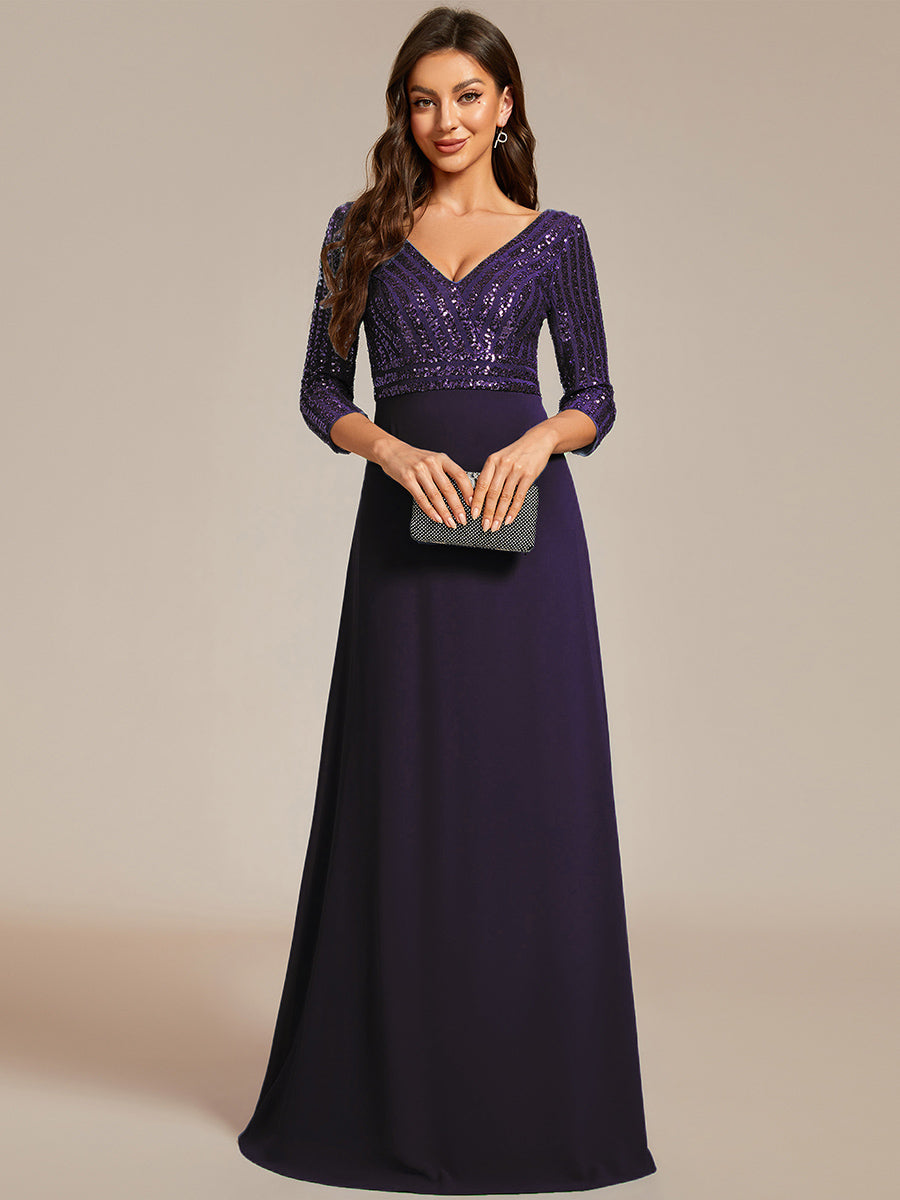 Color=Dark Purple | Sexy V Neck A-Line Sequin Evening Dress-Dark Purple 5