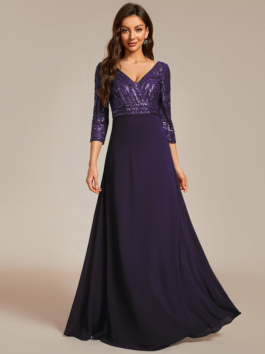 Color=Dark Purple | Sexy V Neck A-Line Sequin Evening Dress-Dark Purple 1