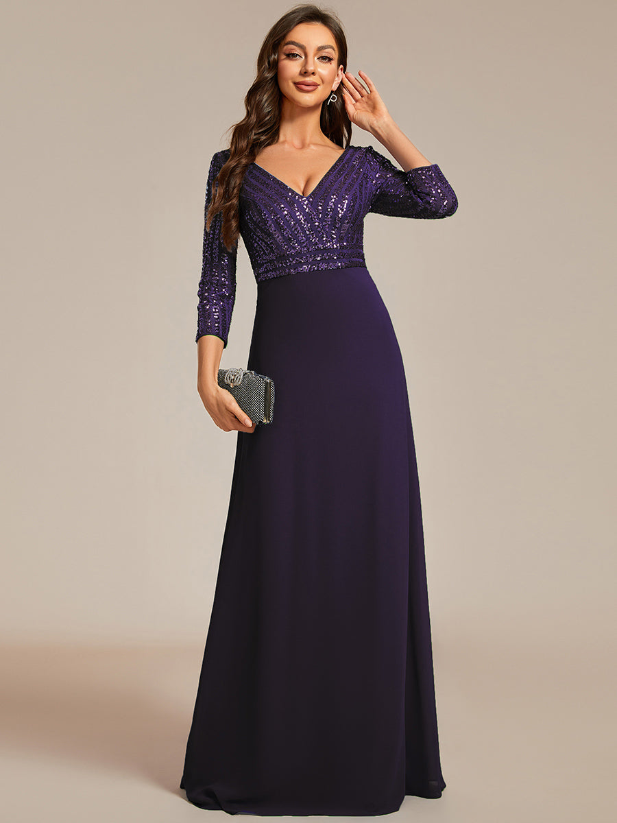 Color=Dark Purple | Sexy V Neck A-Line Sequin Evening Dress-Dark Purple 3