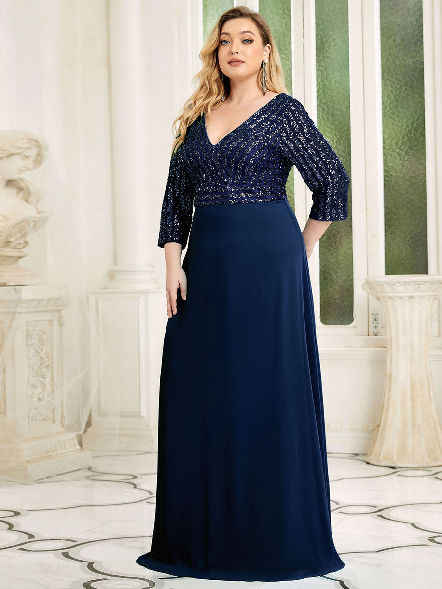 Color=Navy Blue | Plus Size Sexy V Neck A-Line Sequin Evening Dress-Navy Blue 1