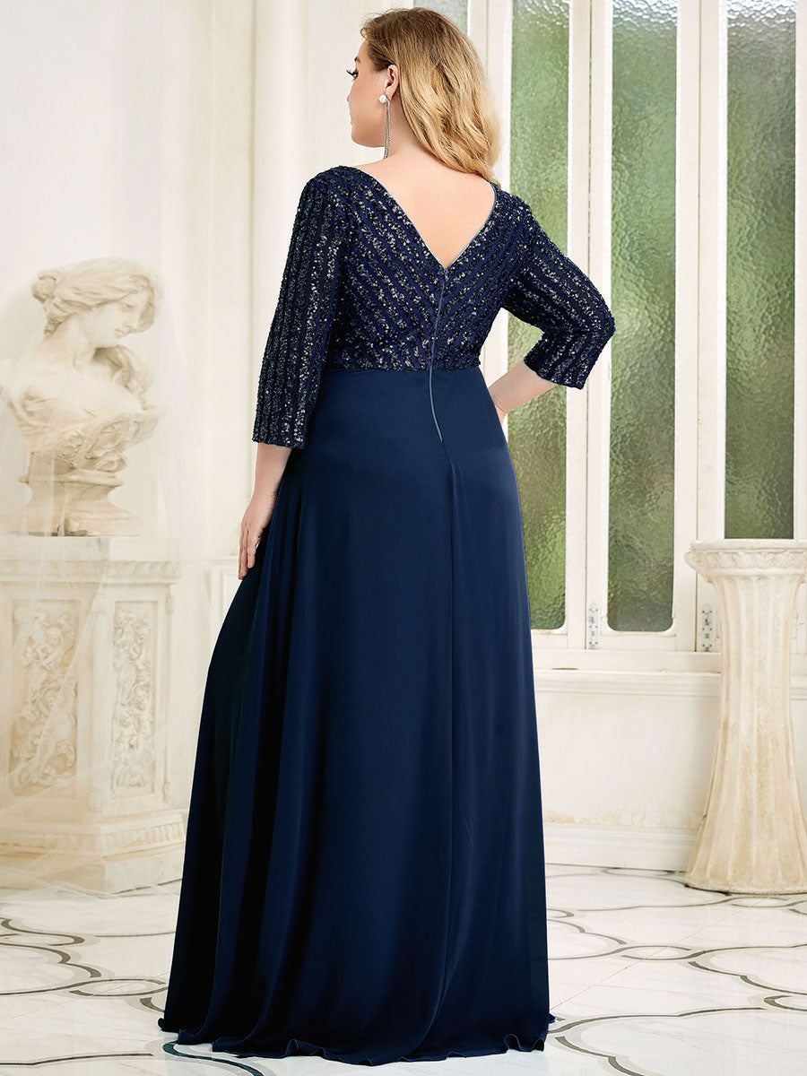 Color=Navy Blue | Plus Size Sexy V Neck A-Line Sequin Evening Dress-Navy Blue 2