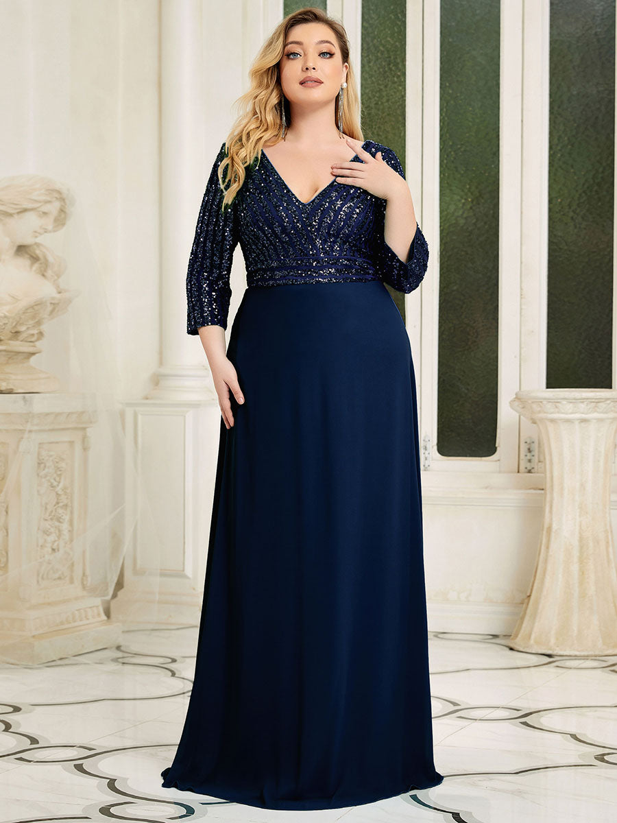 Color=Navy Blue | Plus Size Sexy V Neck A-Line Sequin Evening Dress-Navy Blue 3