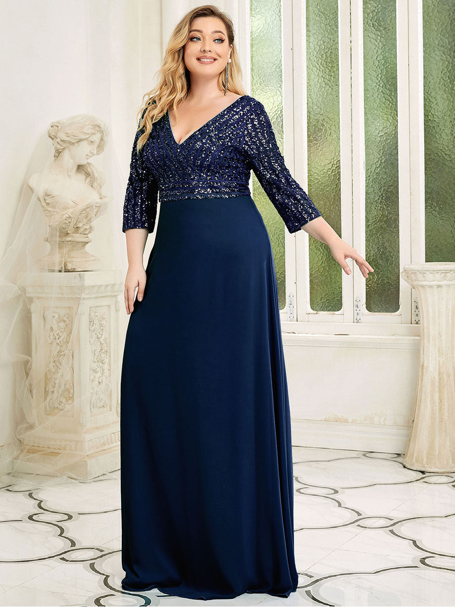 Color=Navy Blue | Plus Size Sexy V Neck A-Line Sequin Evening Dress-Navy Blue 4