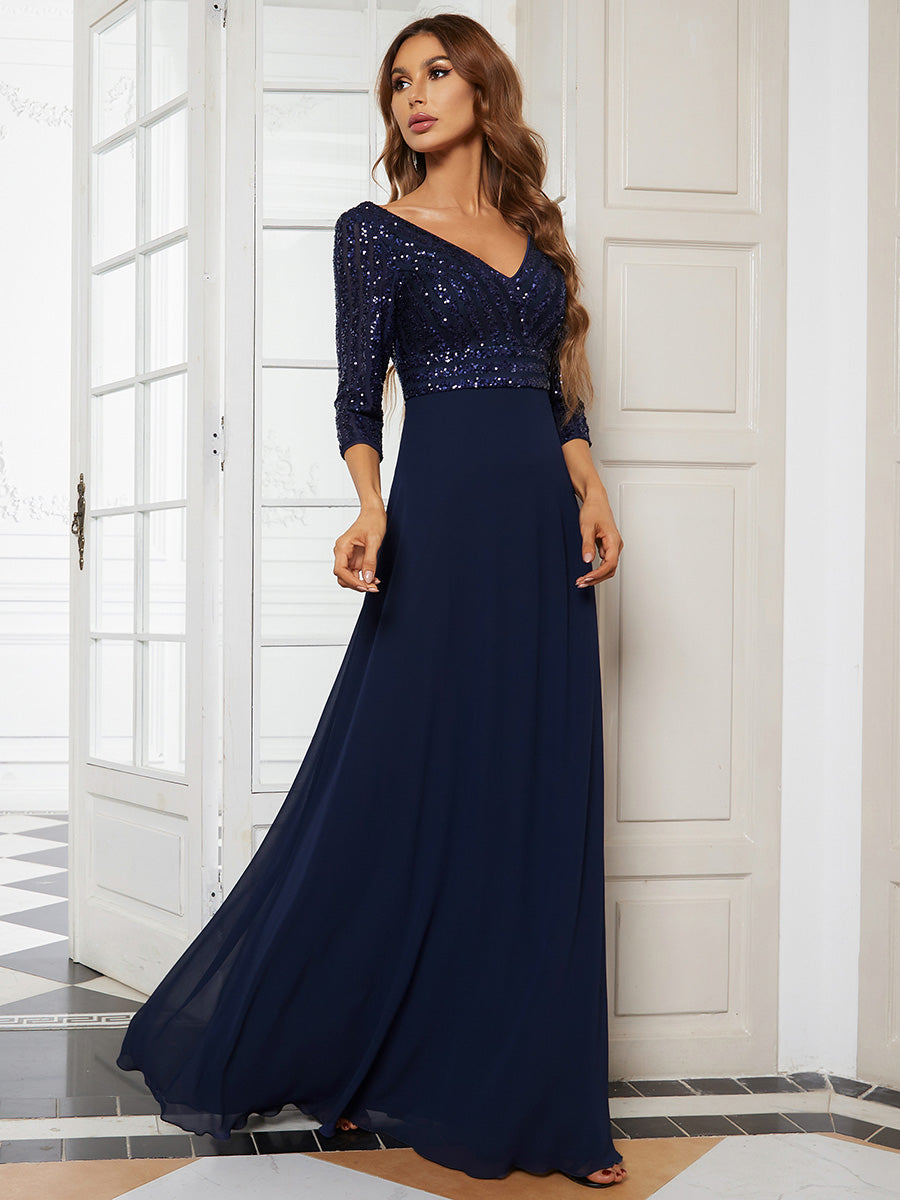 Color=Navy Blue | Sexy V Neck A-Line Sequin Evening Dress-Navy Blue 3