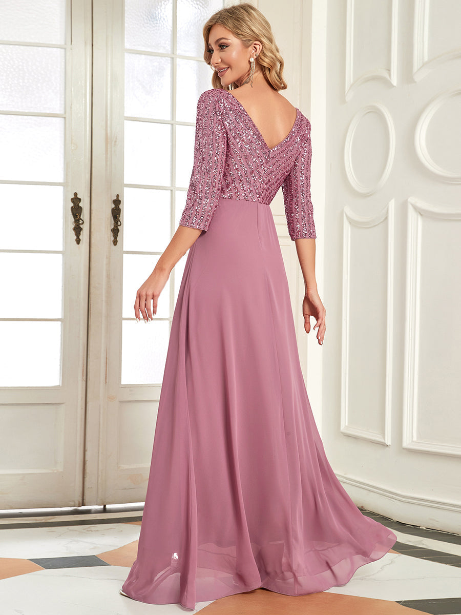 Color=Orchid | Sexy V Neck A-Line Sequin Evening Dress-Orchid 2