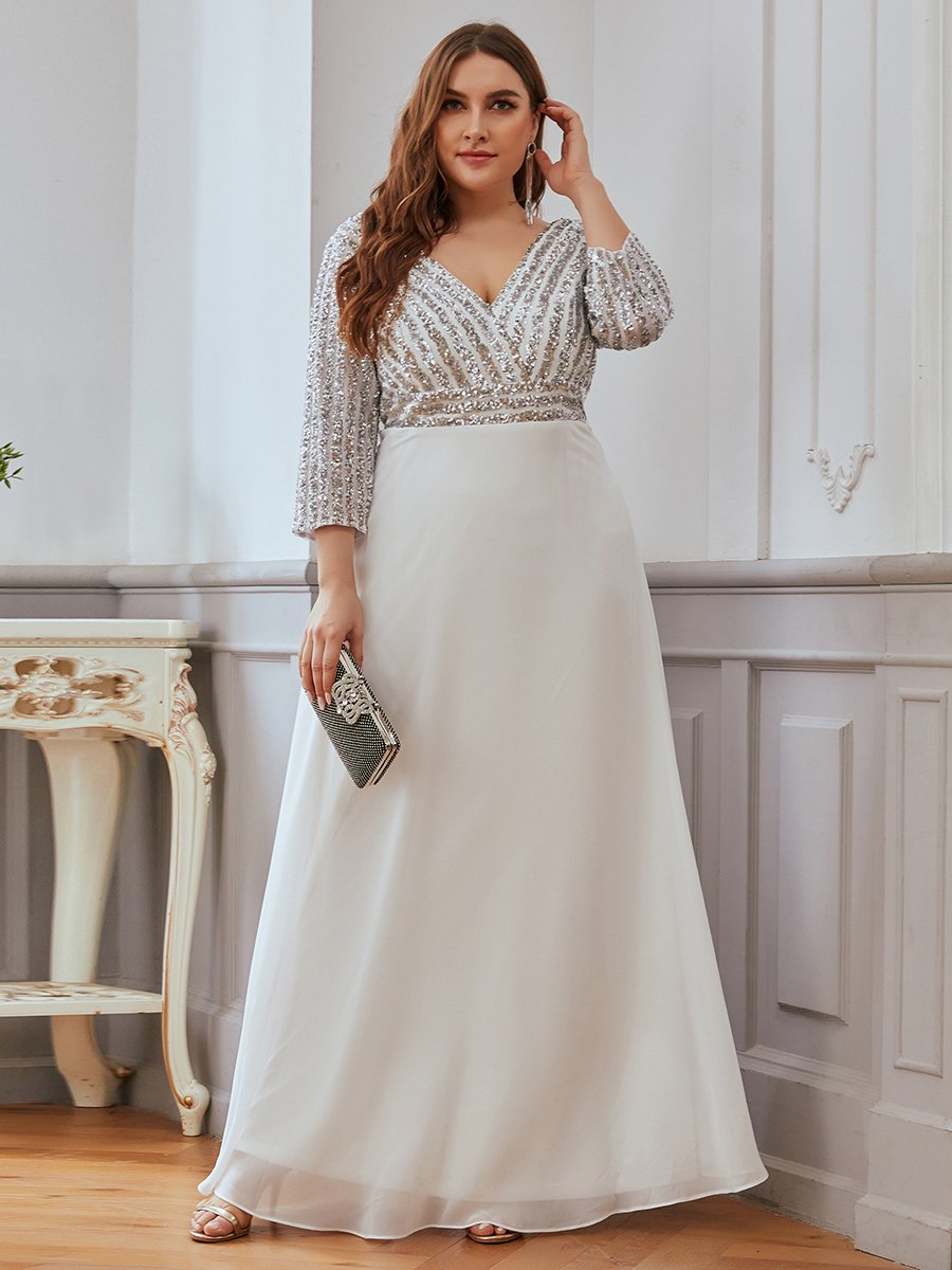 Color=White | Plus Size Sexy V Neck A-Line Sequin Evening Dress-White 3