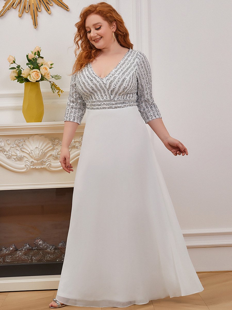 Color=White | Plus Size Sexy V Neck A-Line Sequin Evening Dress-White 1