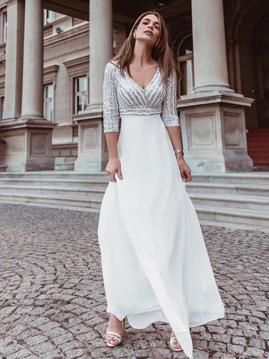 Color=White | Sexy V Neck A-Line Sequin Evening Dress-White 2
