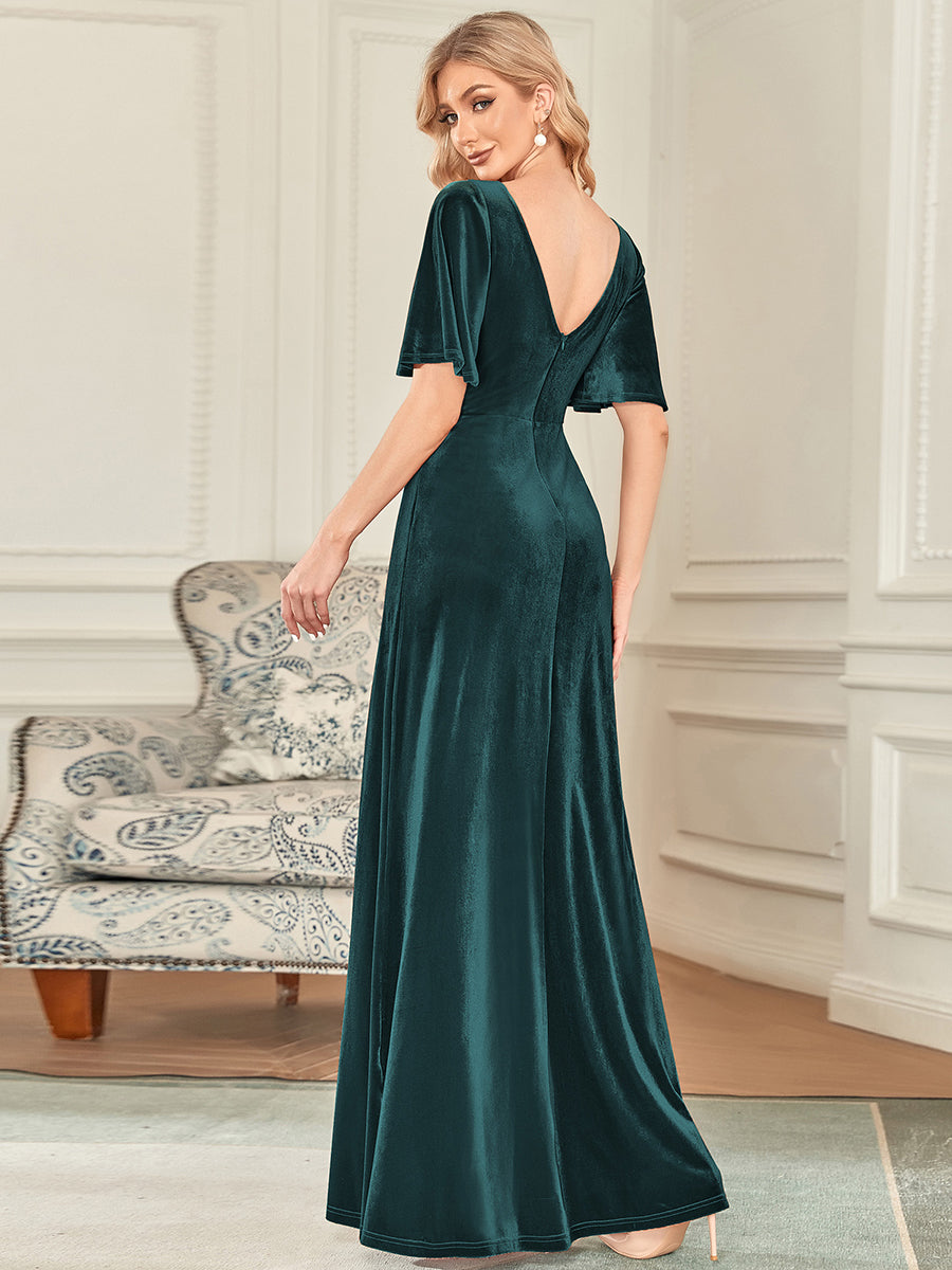 Color=Dark Green | Elegant Double V Neck Velvet Party Dress-Dark Green 3