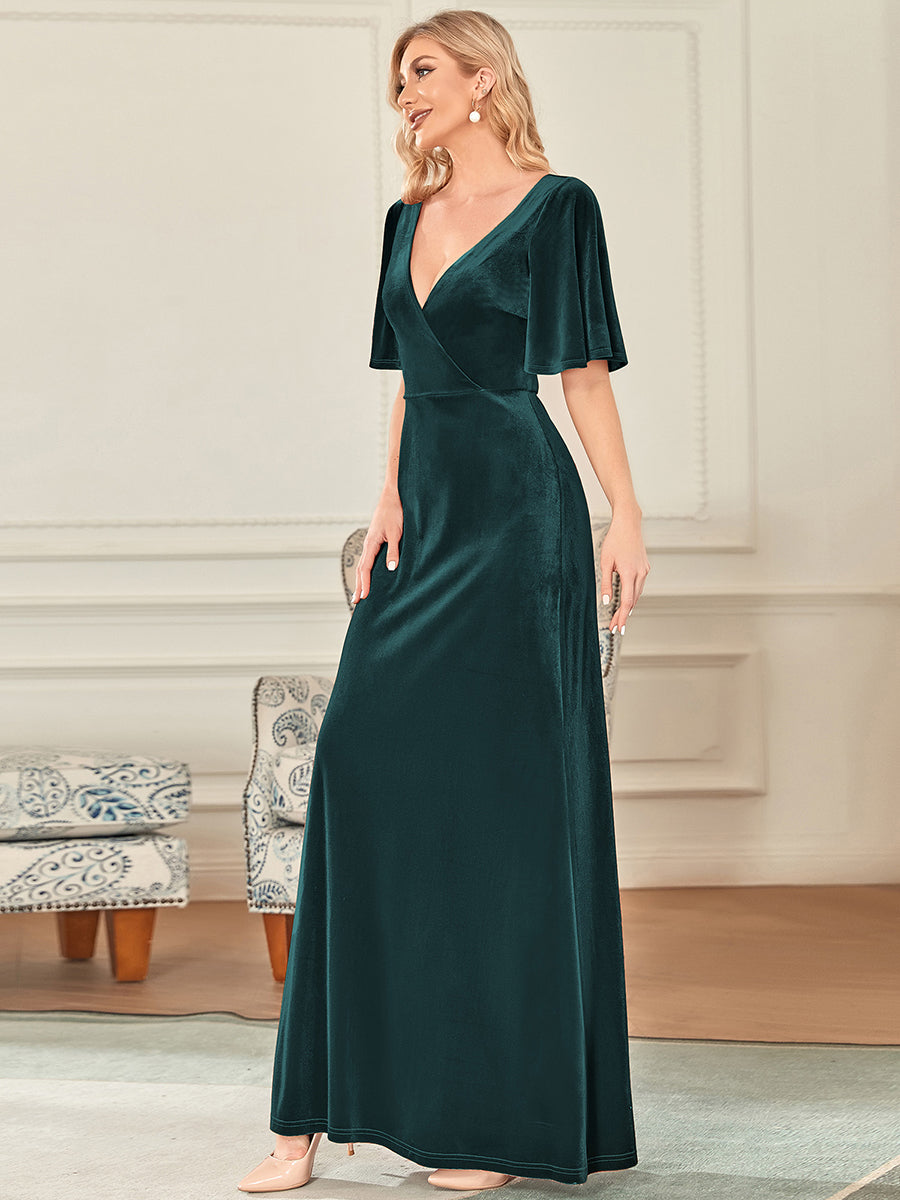 Color=Dark Green | Elegant Double V Neck Velvet Party Dress-Dark Green 4