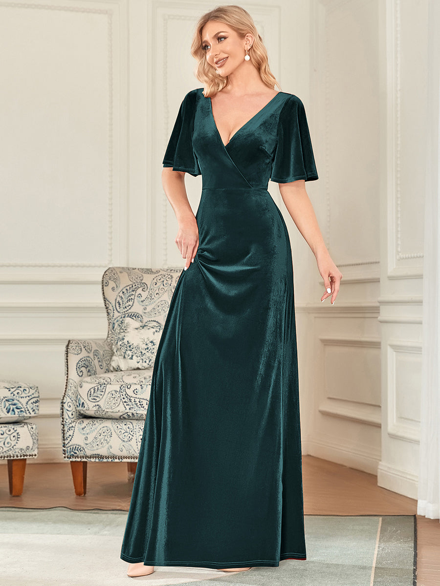 Color=Dark Green | Elegant Double V Neck Velvet Party Dress-Dark Green 5