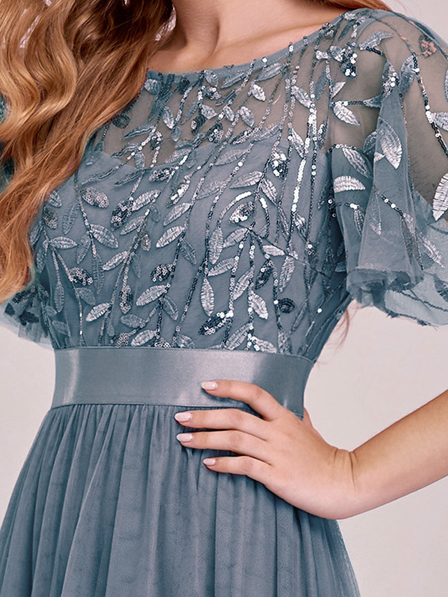 Color=Dusty Blue | Sequin Print Maxi Long Wholesale Evening Dresses with Cap Sleeve-Dusty Blue 5