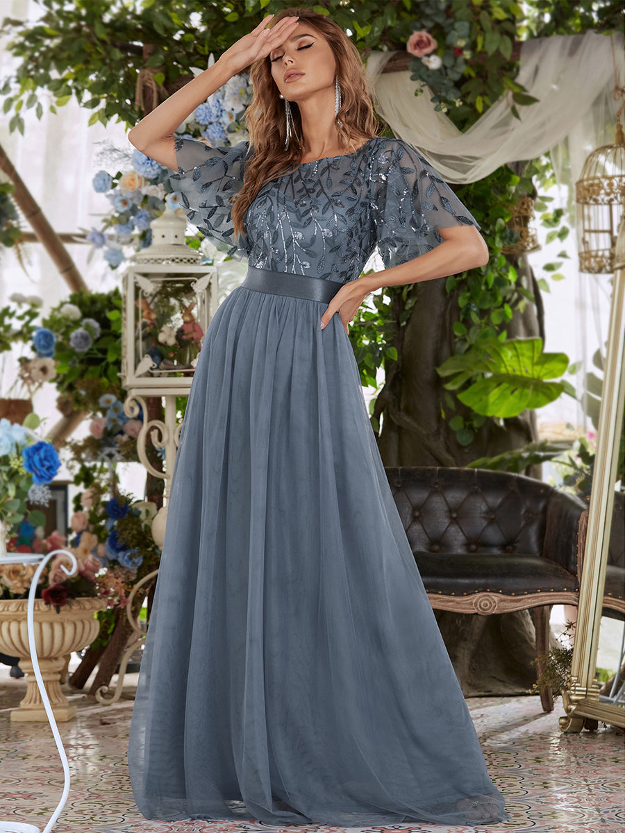 Color=Dusty Blue | Sequin Print Maxi Long Wholesale Evening Dresses with Cap Sleeve-Dusty Blue 3