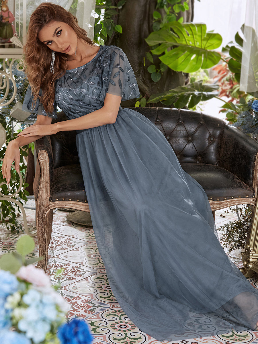 Color=Dusty Blue | Sequin Print Maxi Long Wholesale Evening Dresses with Cap Sleeve-Dusty Blue 4