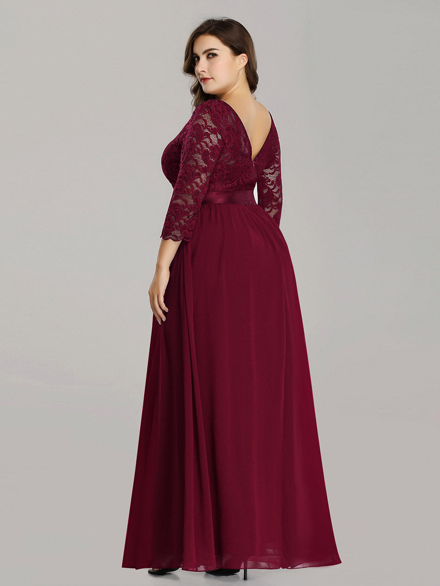 Color=Burgundy | Plus Size Lace Wholesale Bridesmaid Dresses With Long Lace Sleeve-Burgundy 2