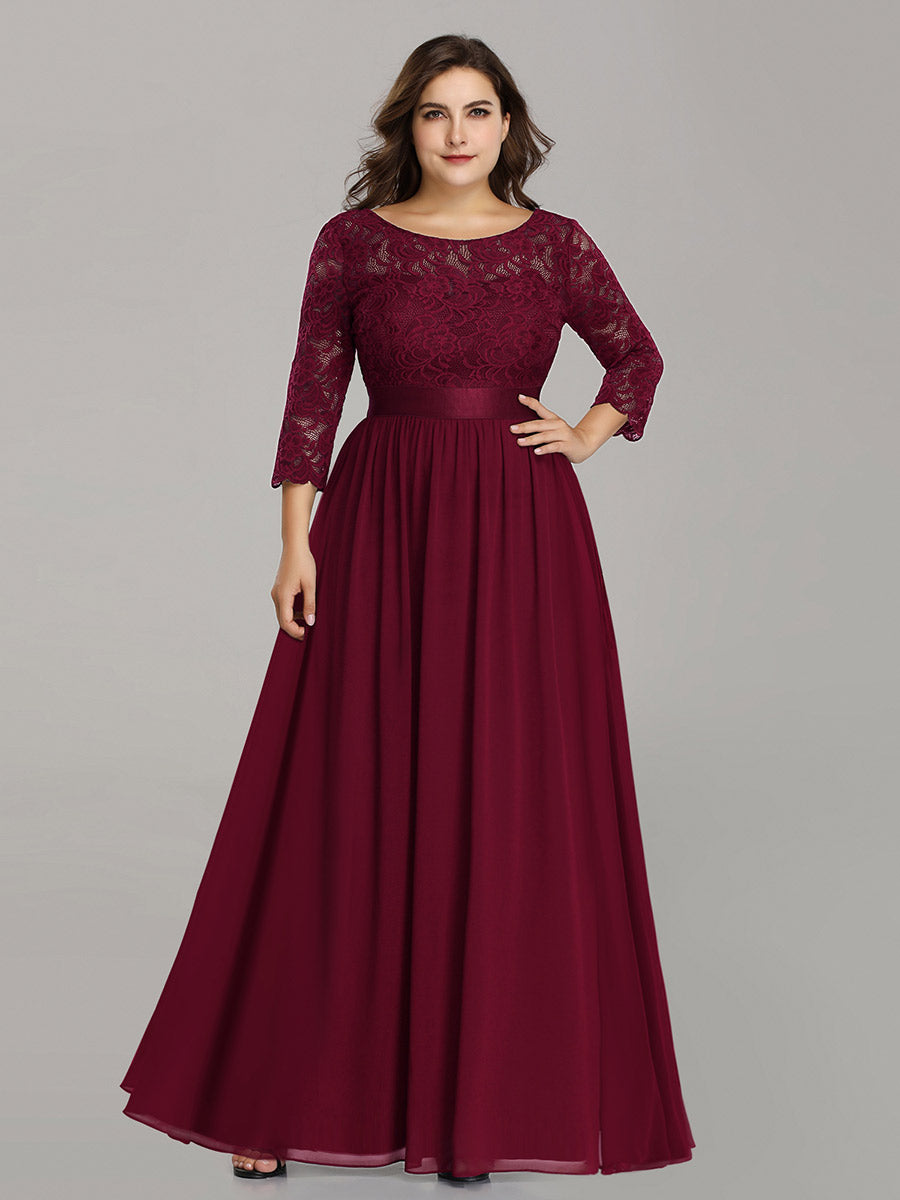 Color=Burgundy | Plus Size Lace Wholesale Bridesmaid Dresses With Long Lace Sleeve-Burgundy 3