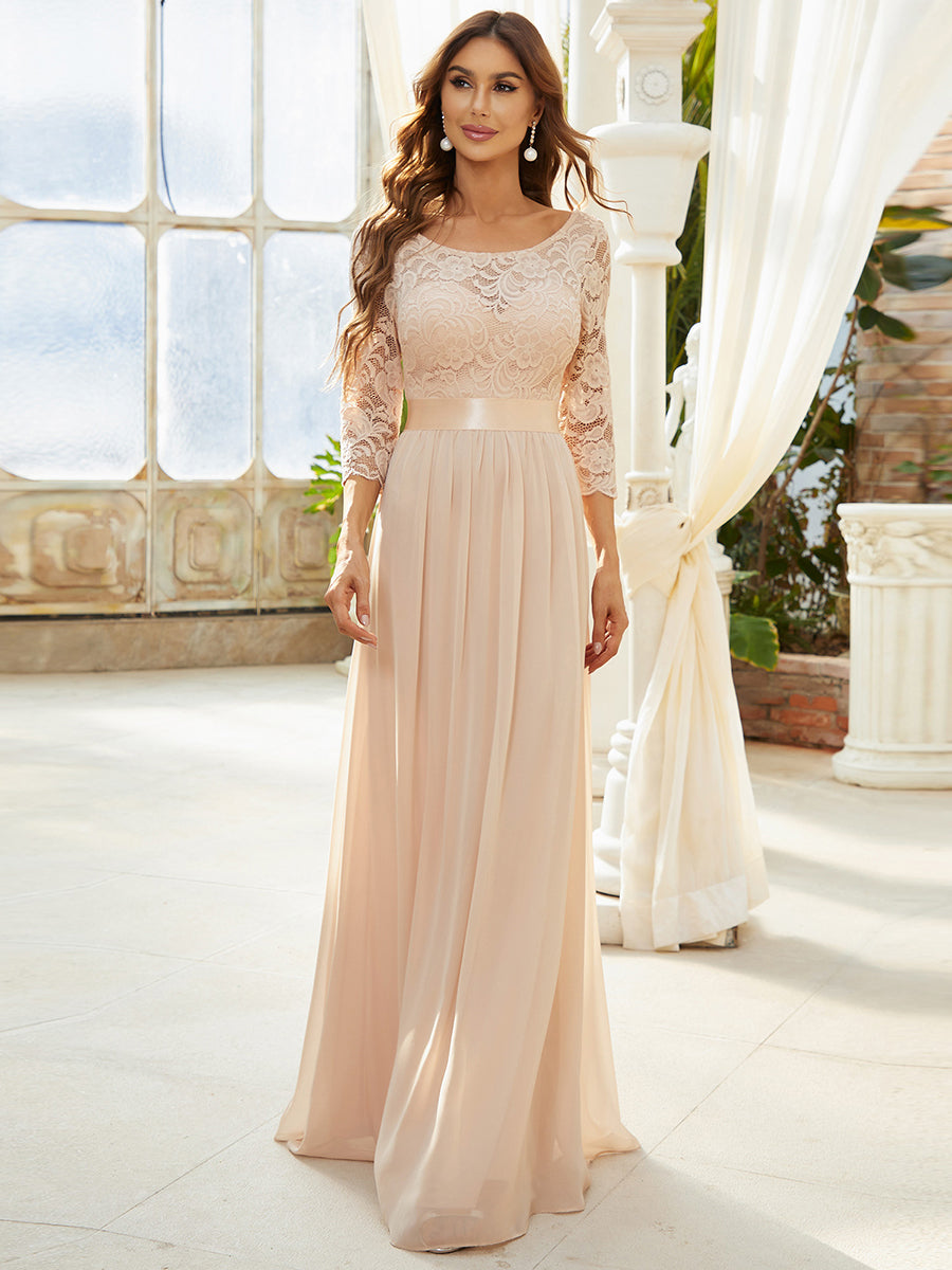 Color=Blush | Elegant Empire Waist Wholesale Bridesmaid Dresses With Long Lace Sleeve-Blush 1