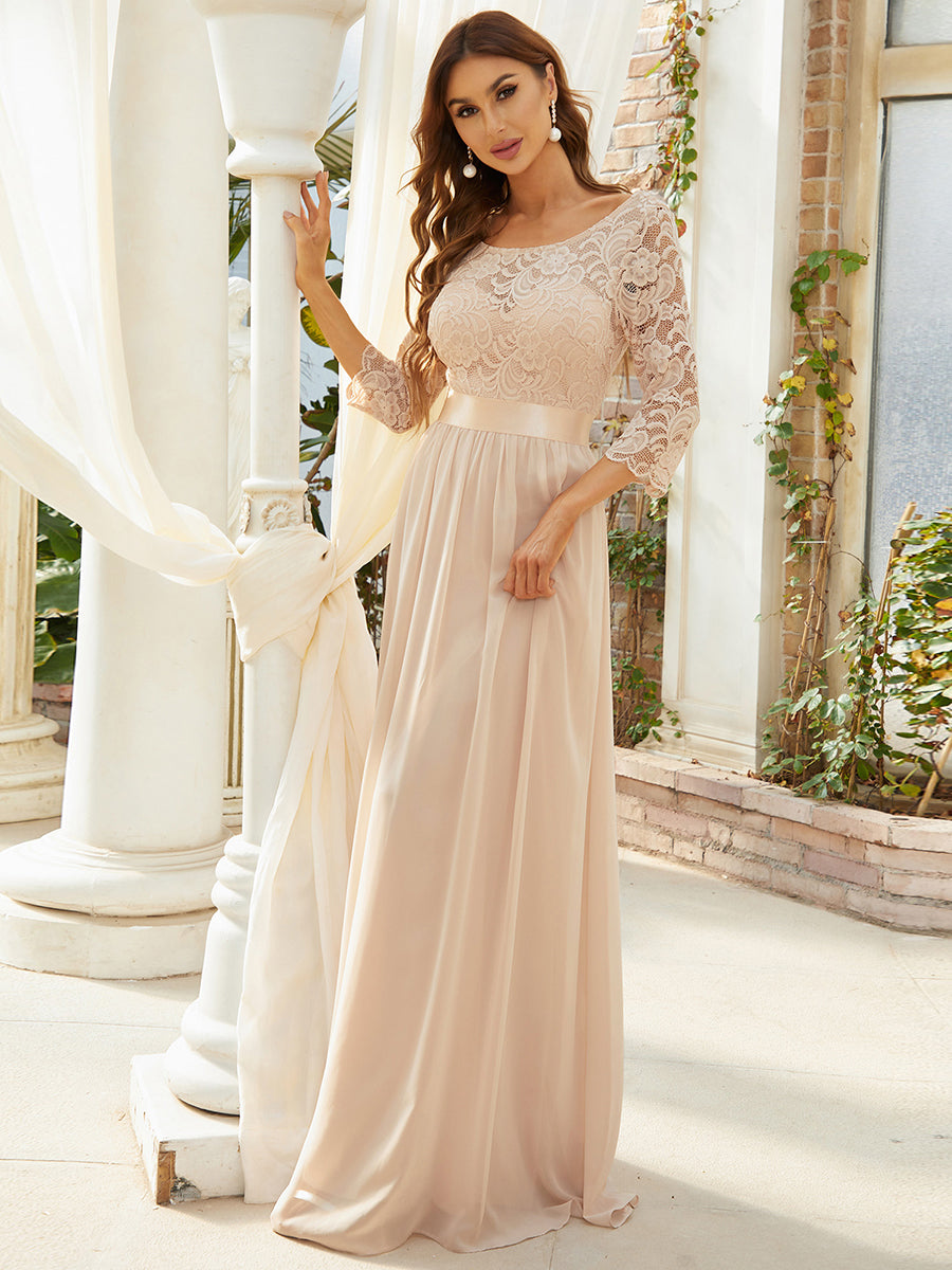 COLOR=Blush | See-Through Floor Length Lace Evening Dress With Half Sleeve-Blush 3