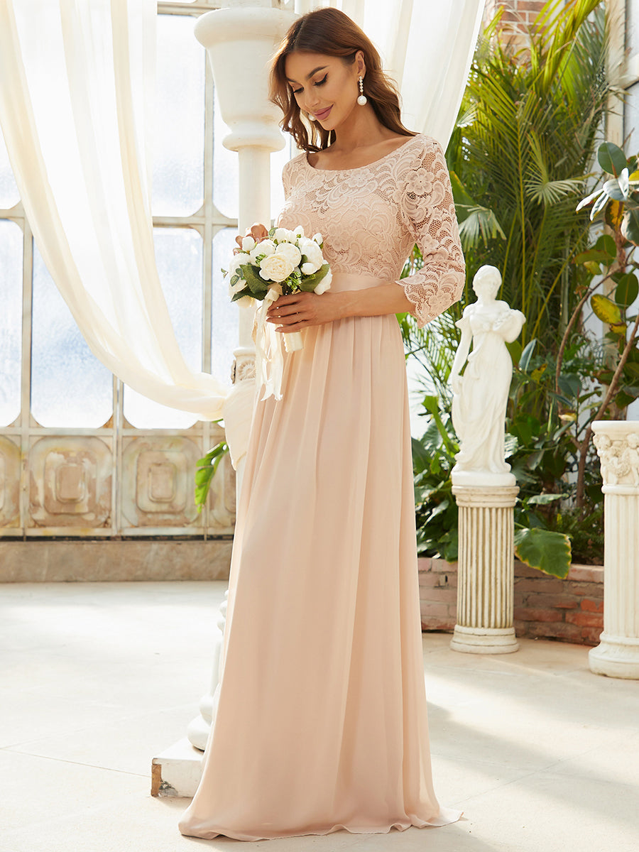 COLOR=Blush | See-Through Floor Length Lace Evening Dress With Half Sleeve-Blush 4