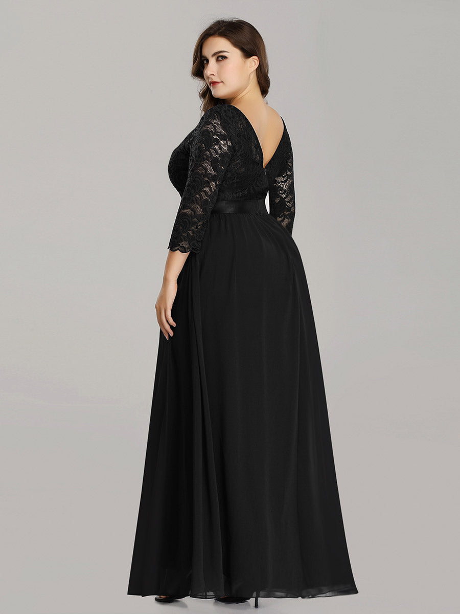 Color=Black | Plus Size Lace Wholesale Bridesmaid Dresses With Long Lace Sleeve-Black 2