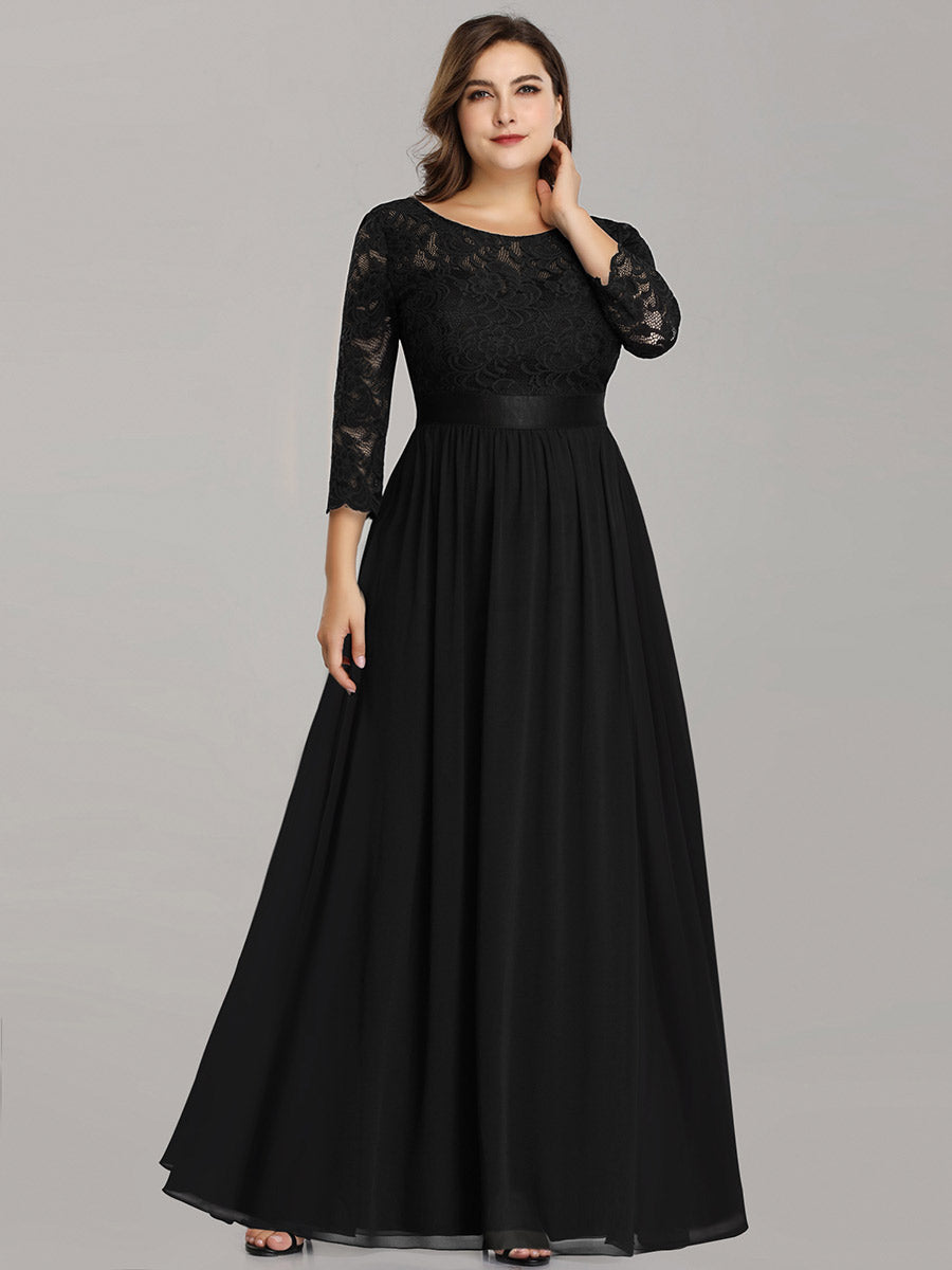 Color=Black | Plus Size Lace Wholesale Bridesmaid Dresses With Long Lace Sleeve-Black 3