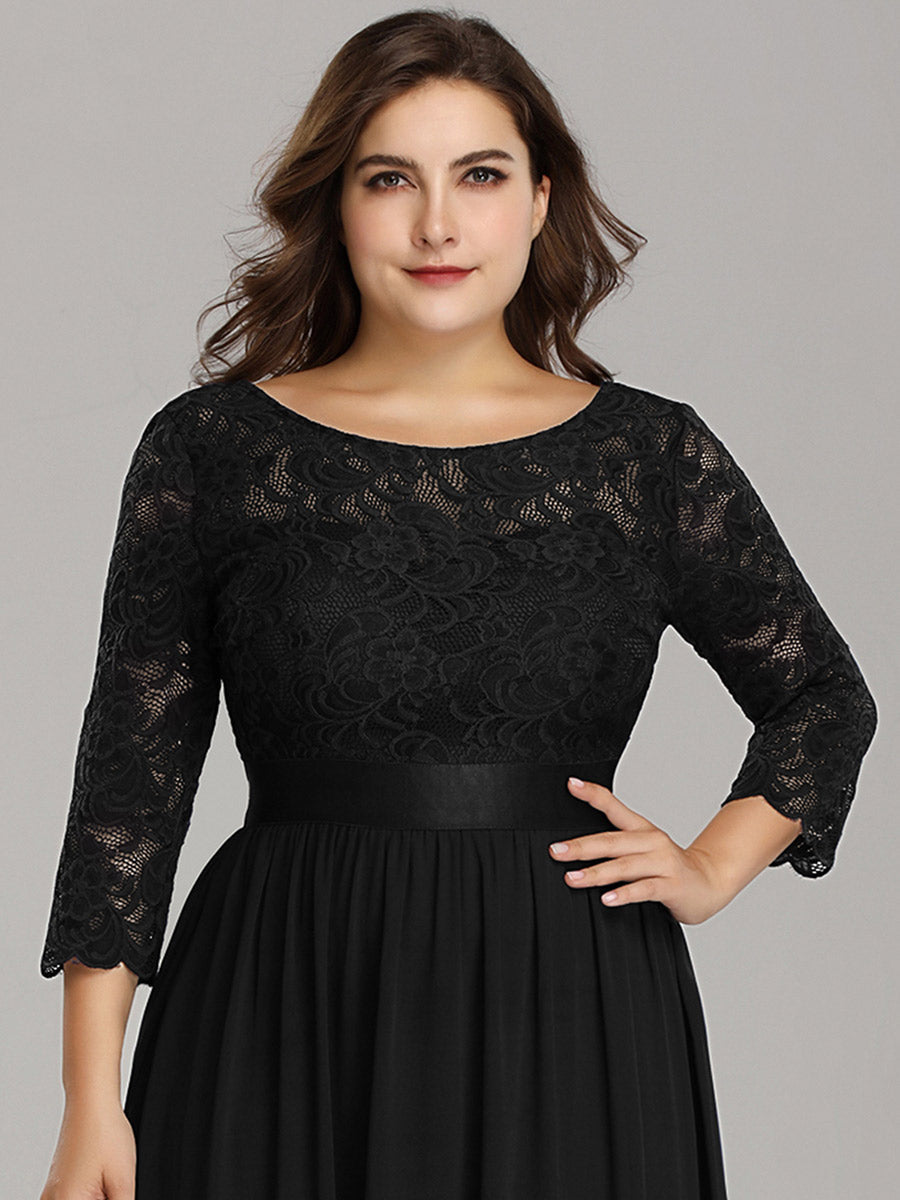 Color=Black | Plus Size Lace Wholesale Bridesmaid Dresses With Long Lace Sleeve-Black 5
