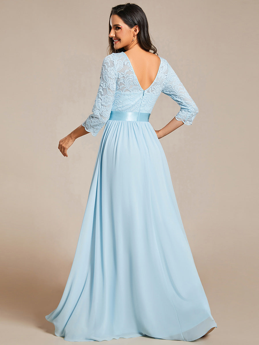 Color=Sky Blue | Plus Size Lace Wholesale Bridesmaid Dresses With Long Lace Sleeve-Sky Blue 4