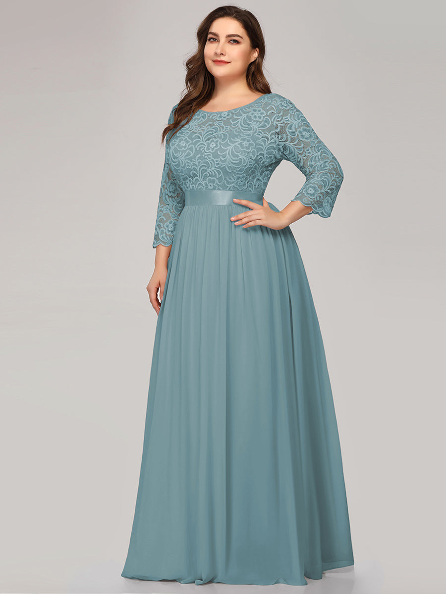 Color=Dusty blue | Plus Size Lace Wholesale Bridesmaid Dresses With Long Lace Sleeve-Dusty Blue 3