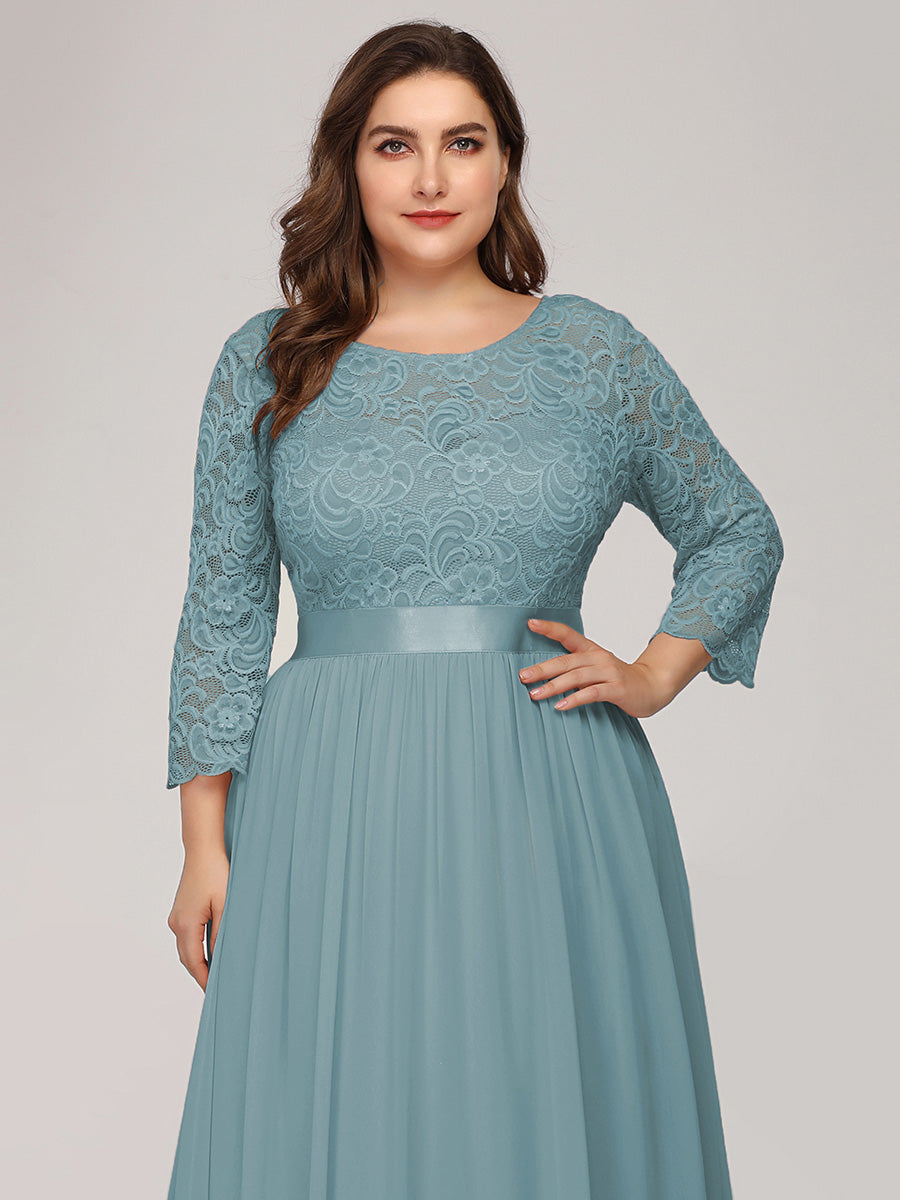 Color=Dusty blue | Plus Size Lace Wholesale Bridesmaid Dresses With Long Lace Sleeve-Dusty Blue 5