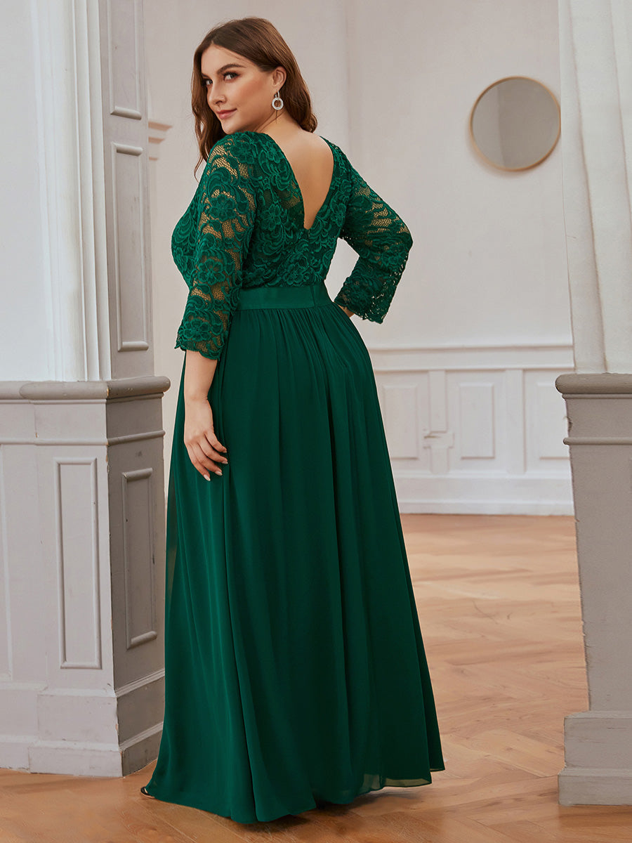 Color=Dark Green | Plus Size See-Through Floor Length Lace Evening Dress With Half Sleeve-Dark Green 5