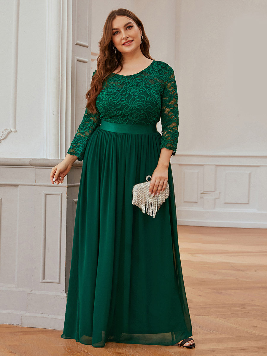 Color=Dark Green | Plus Size See-Through Floor Length Lace Evening Dress With Half Sleeve-Dark Green 5