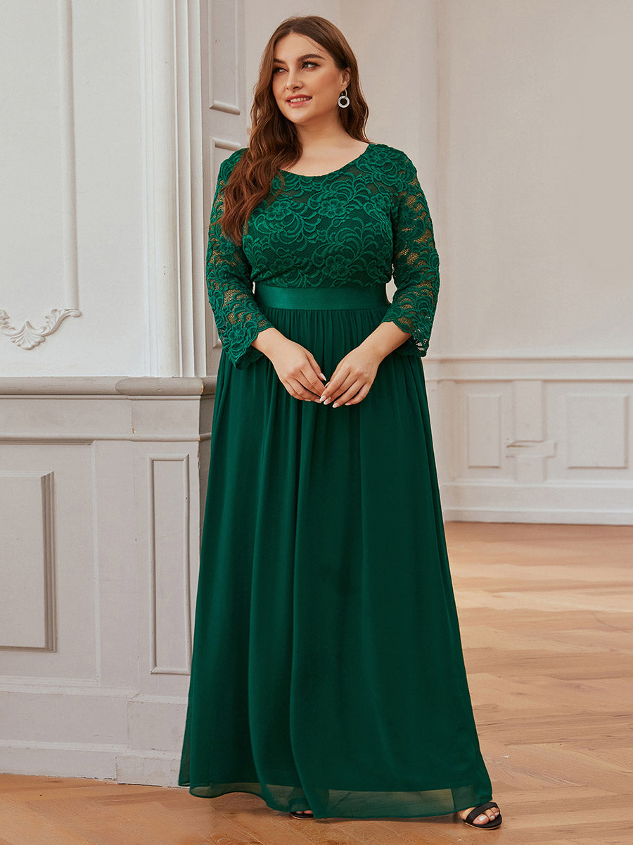 Color=Dark Green | Plus Size See-Through Floor Length Lace Evening Dress With Half Sleeve-Dark Green 5