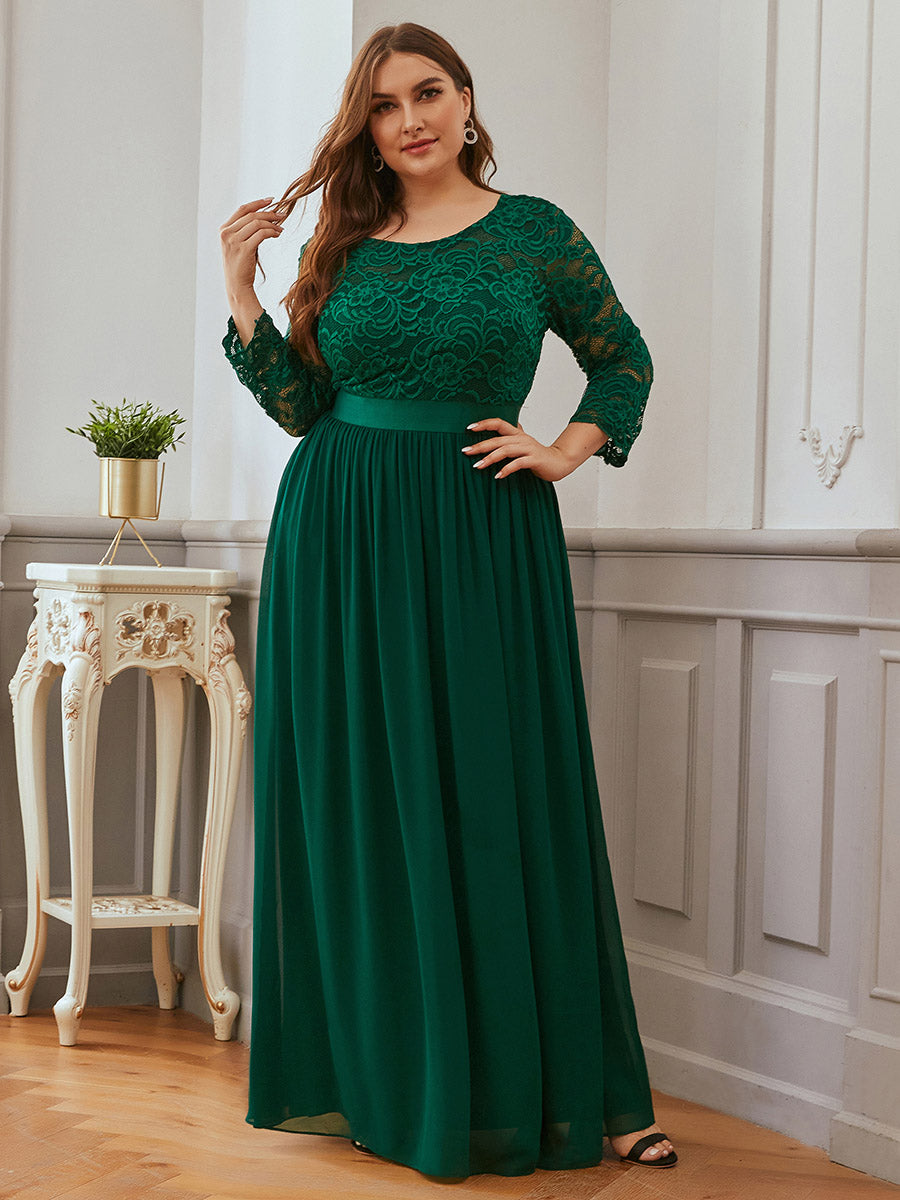 Color=Dark Green | Plus Size See-Through Floor Length Lace Evening Dress With Half Sleeve-Dark Green 5
