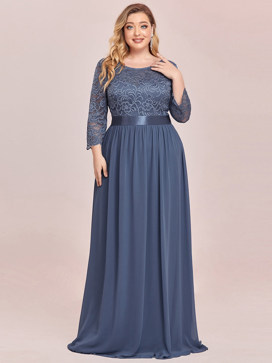 COLOR=Dusty Navy | See-Through Floor Length Lace Evening Dress With Half Sleeve-Dusty Navy 1