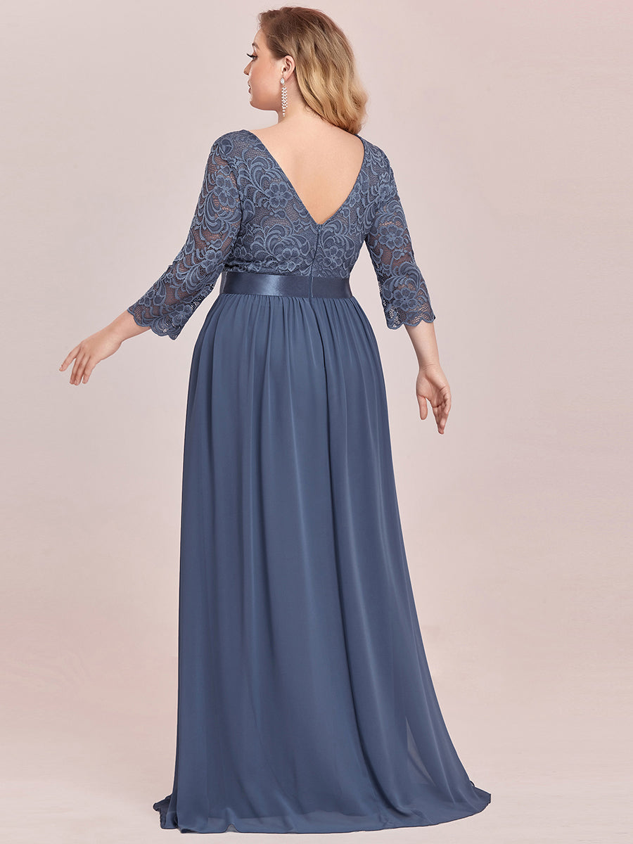 COLOR=Dusty Navy | See-Through Floor Length Lace Evening Dress With Half Sleeve-Dusty Navy 2