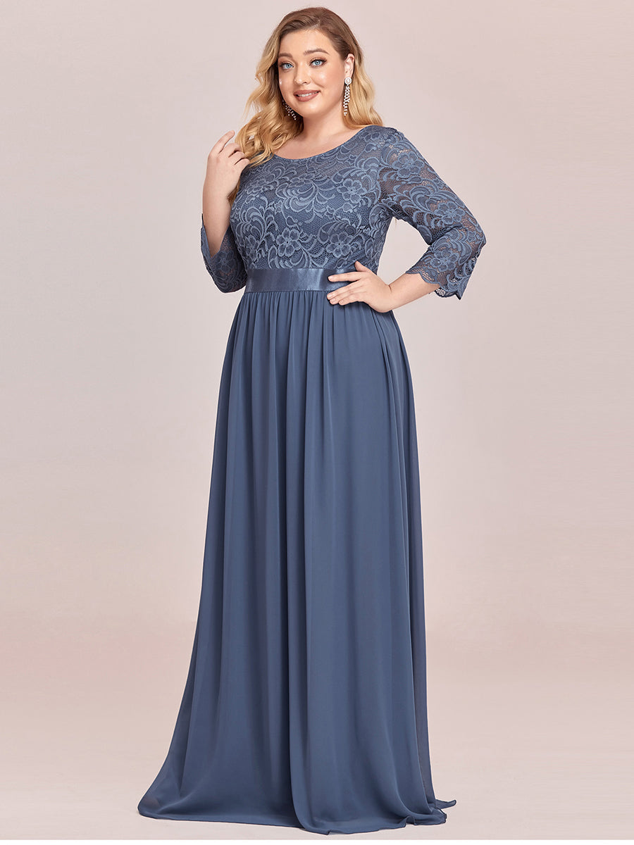 COLOR=Dusty Navy | See-Through Floor Length Lace Evening Dress With Half Sleeve-Dusty Navy 3