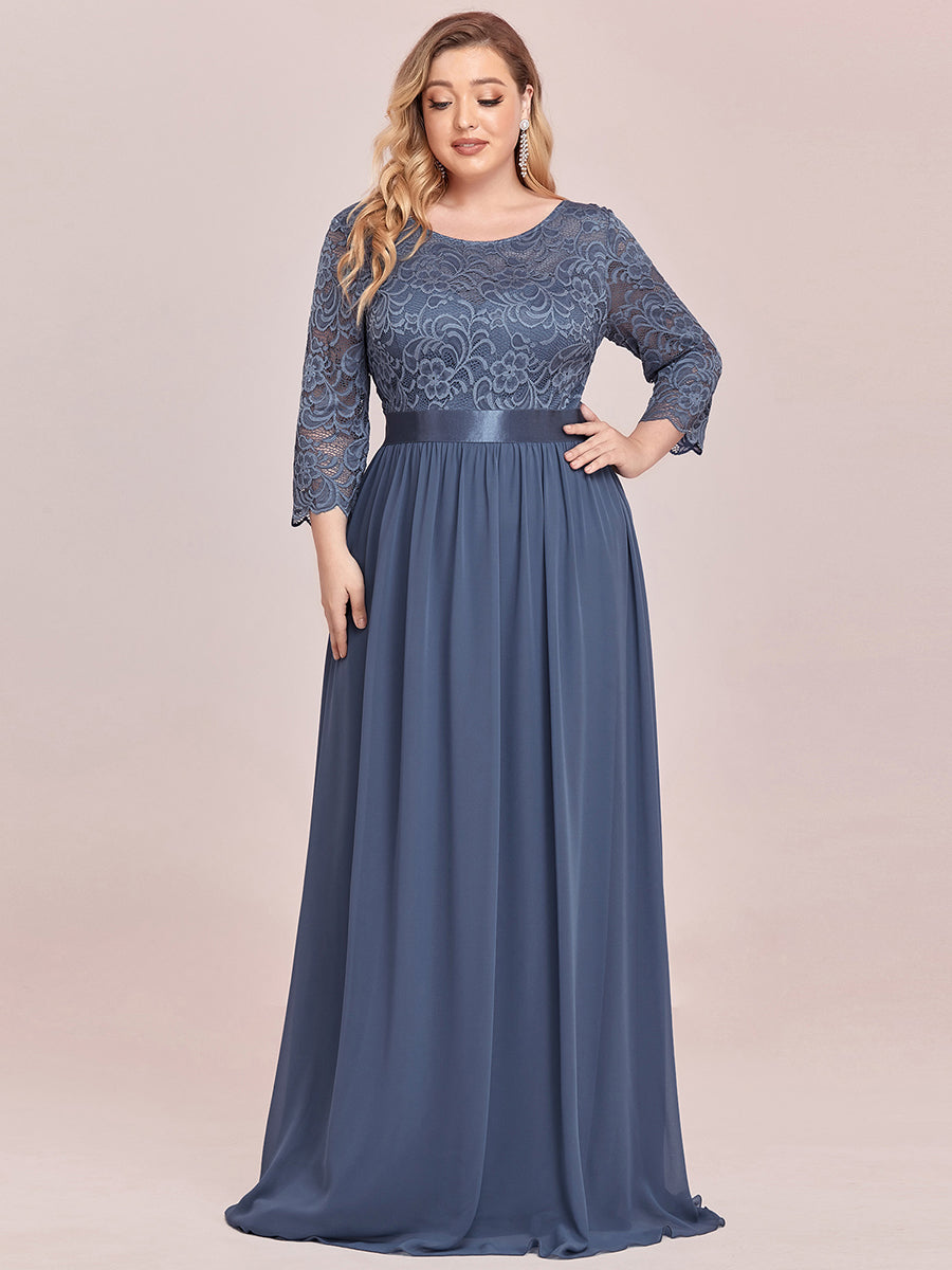 COLOR=Dusty Navy | See-Through Floor Length Lace Evening Dress With Half Sleeve-Dusty Navy 4