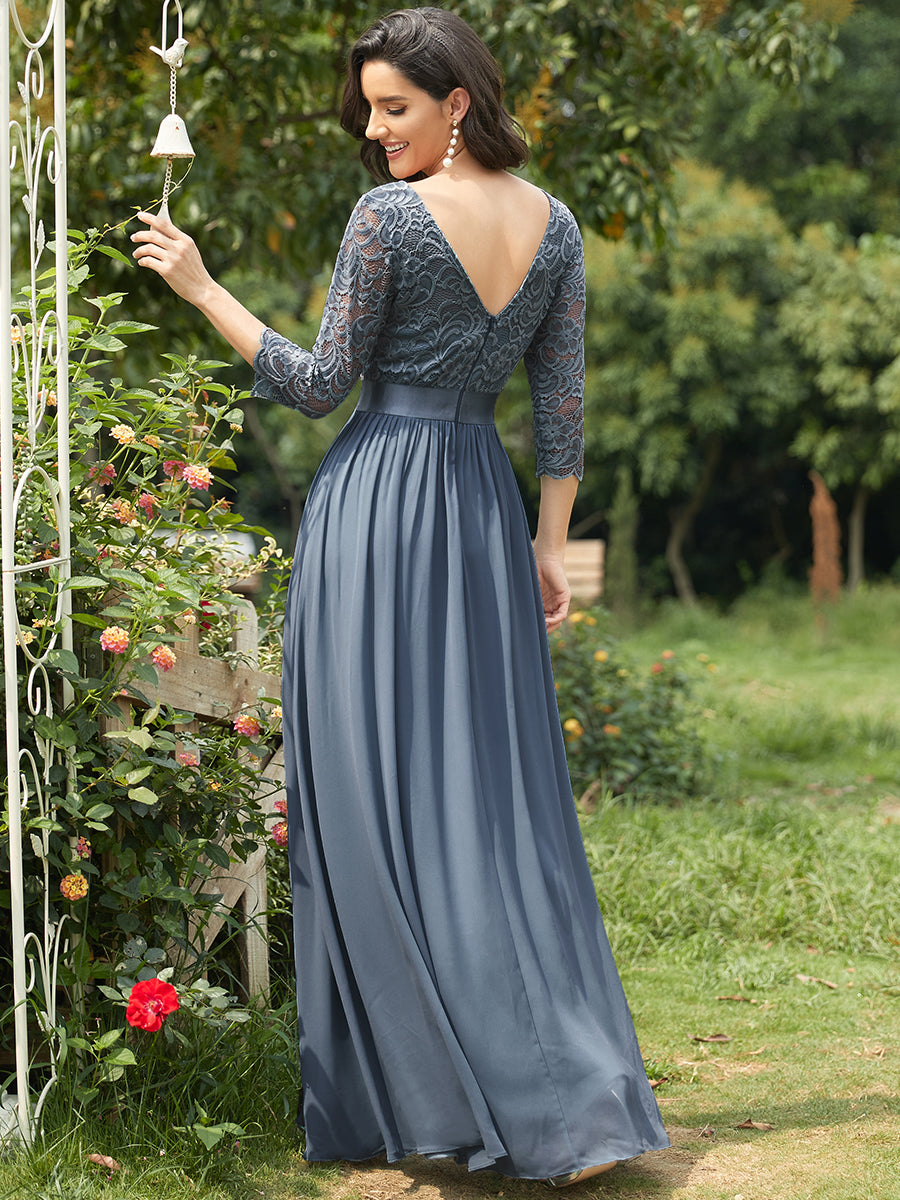 COLOR=Dusty Navy | See-Through Floor Length Lace Evening Dress With Half Sleeve-Dusty Navy 2