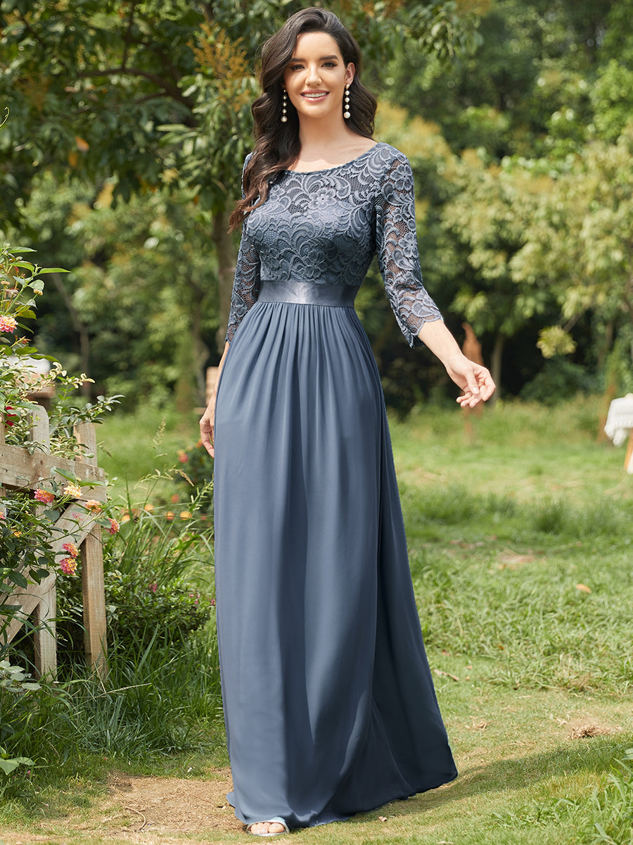 COLOR=Dusty Navy | See-Through Floor Length Lace Evening Dress With Half Sleeve-Dusty Navy 4